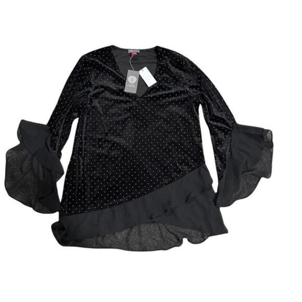 Vince Camuto Layered Polka Dot V-Neck Blouse Women's S Rich Black 3/4 Sleeve